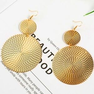 Gold Round Plate Patterned Long Drop Earrings